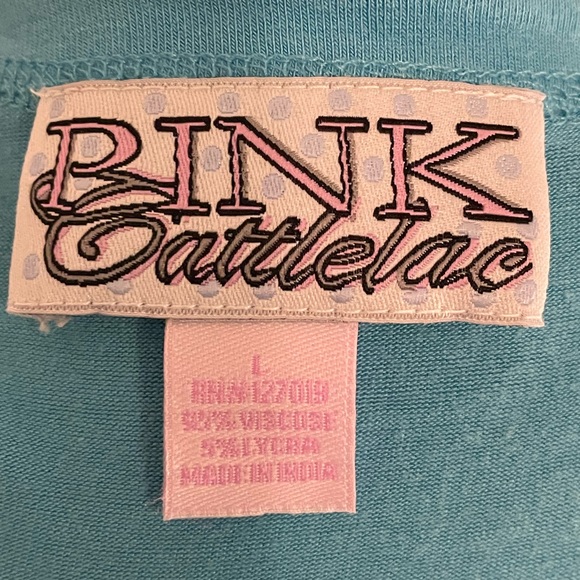 Pink Cattlelac aqua scoop neck top with white tribal print & silver studs, sz L - Picture 4 of 4